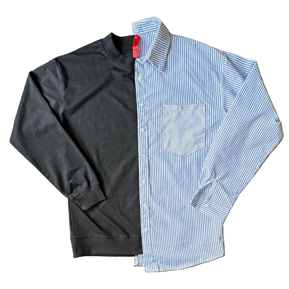 Reworked Dress Shirt Sweatshirt Mashup Half Blue Striped Custom Upcycled Sz S